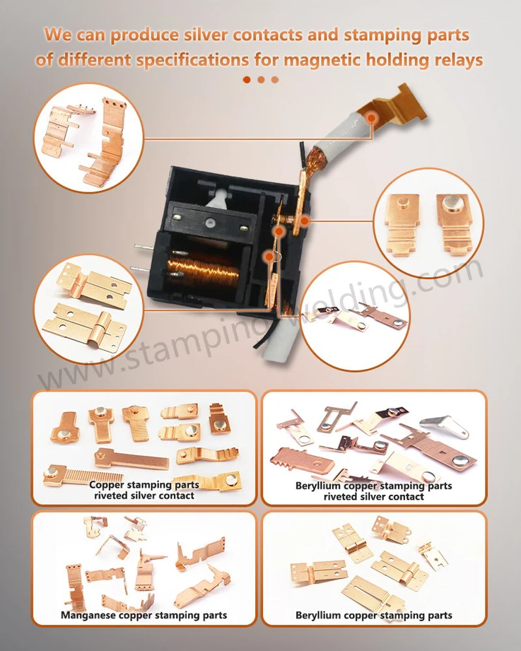 We can produce silver contacts and stamping parts of different specifications for magnetic holding relays We can produce silver contacts and stamping parts of different specifications for magnetic holding relays